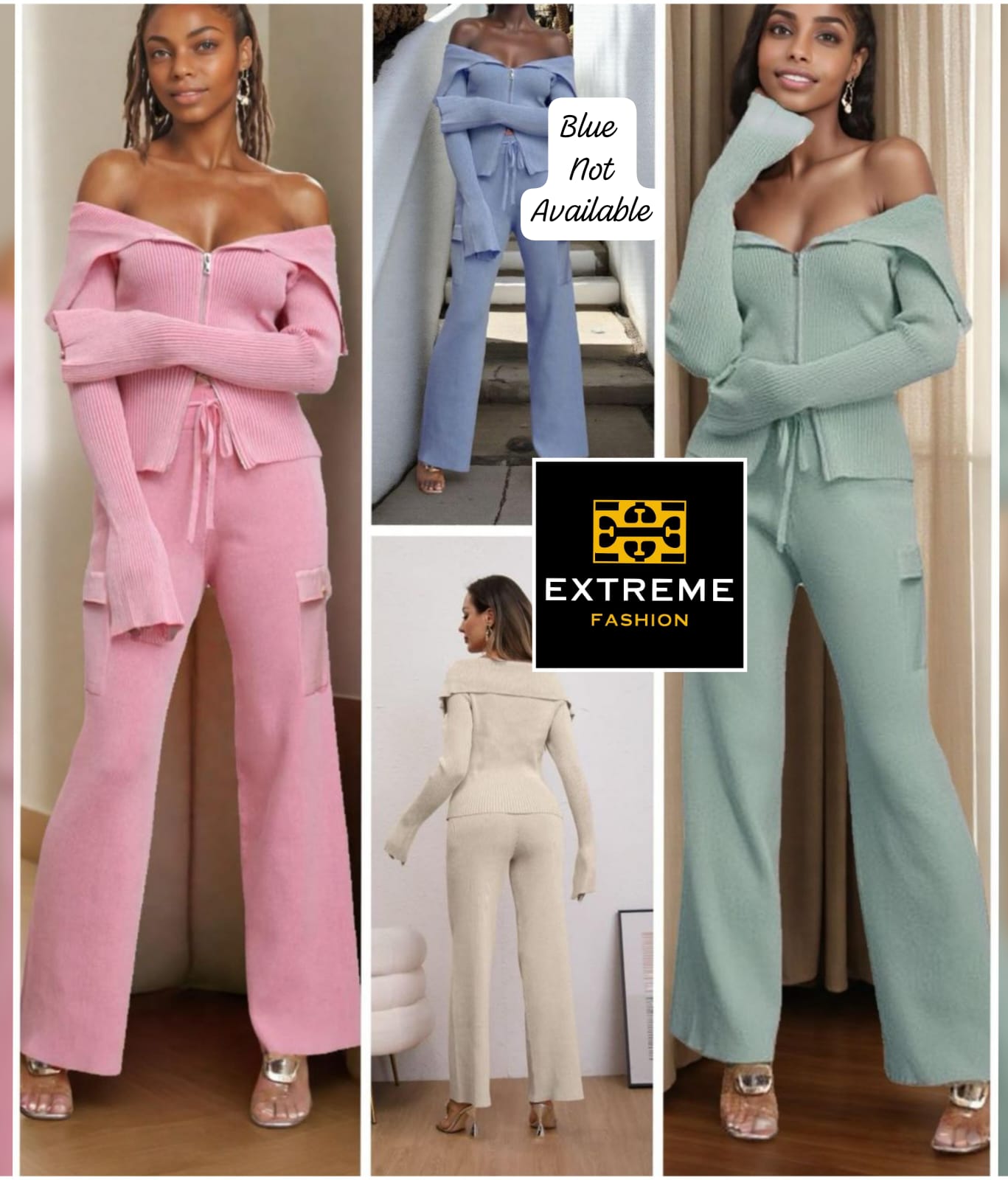 off shoulder side pocket knitted 2pc set
