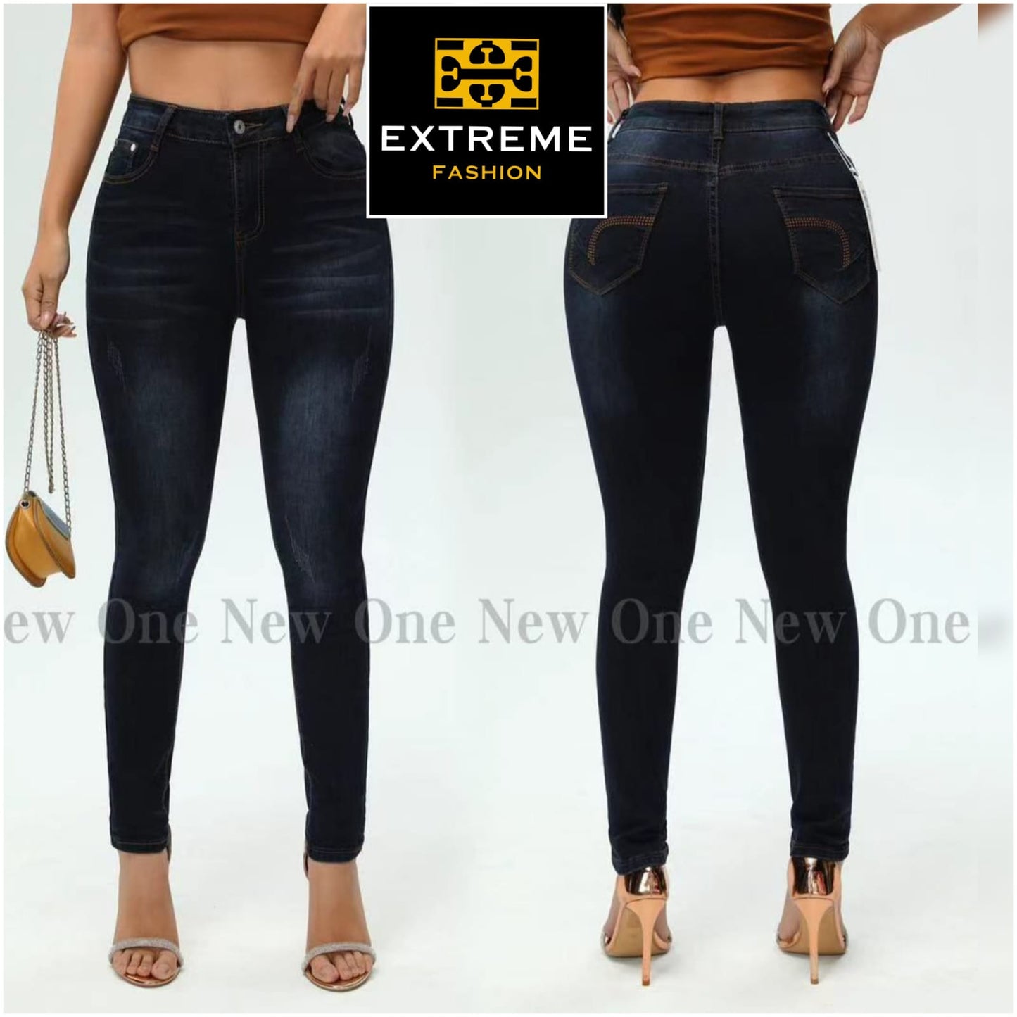 high waist plain blue skinny jean