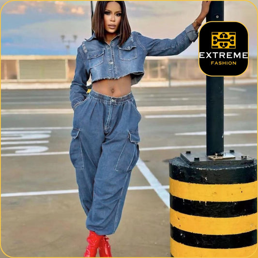 crop long sleeve cargo 2pc set