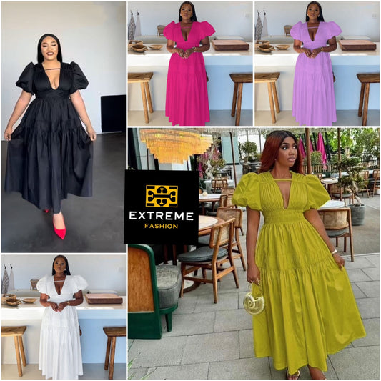 maxi dress with a deep v neck and puff short sleeve