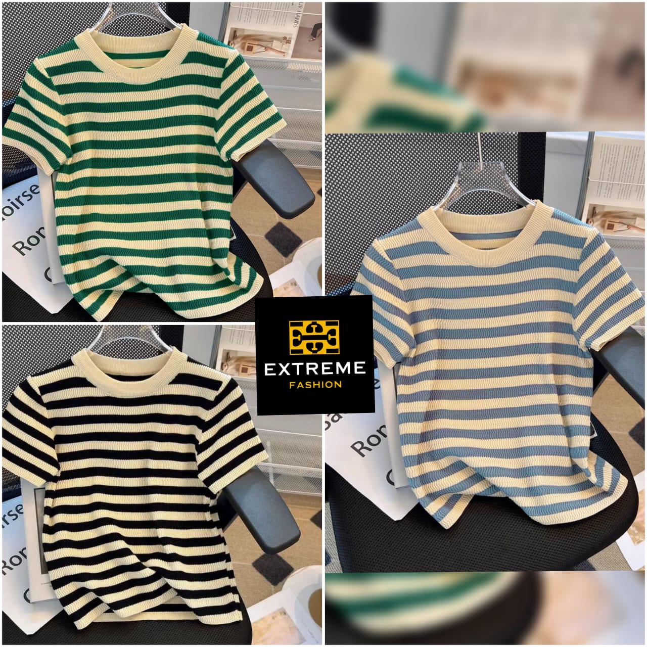 short sleeve stripe detailed knitted top