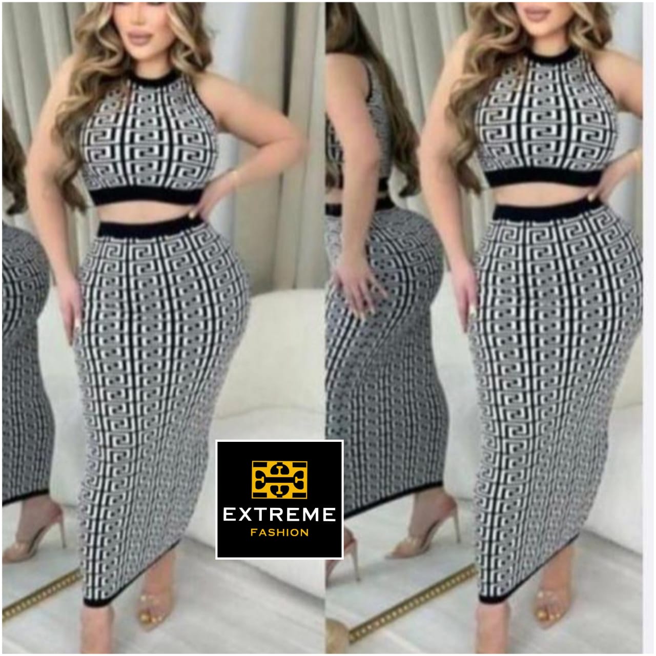 sleeveless knitted print 2pc set