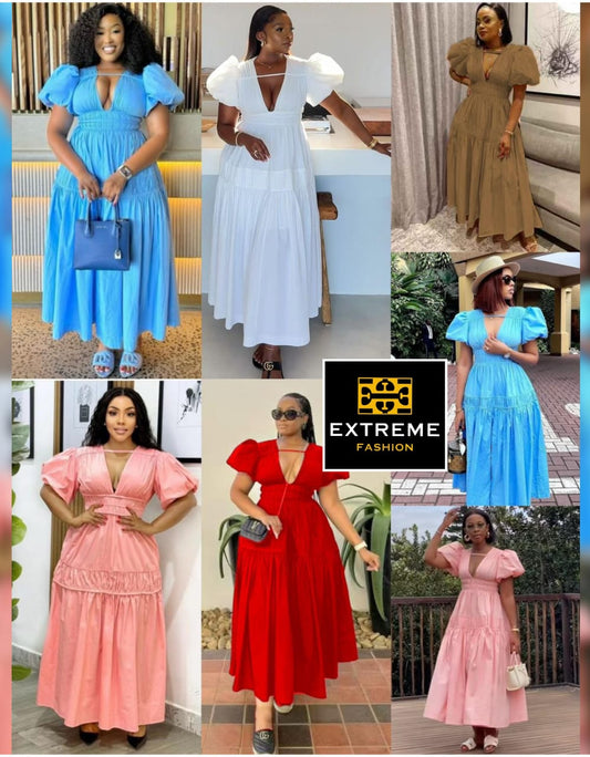 elegent puff shoulder maxi dress