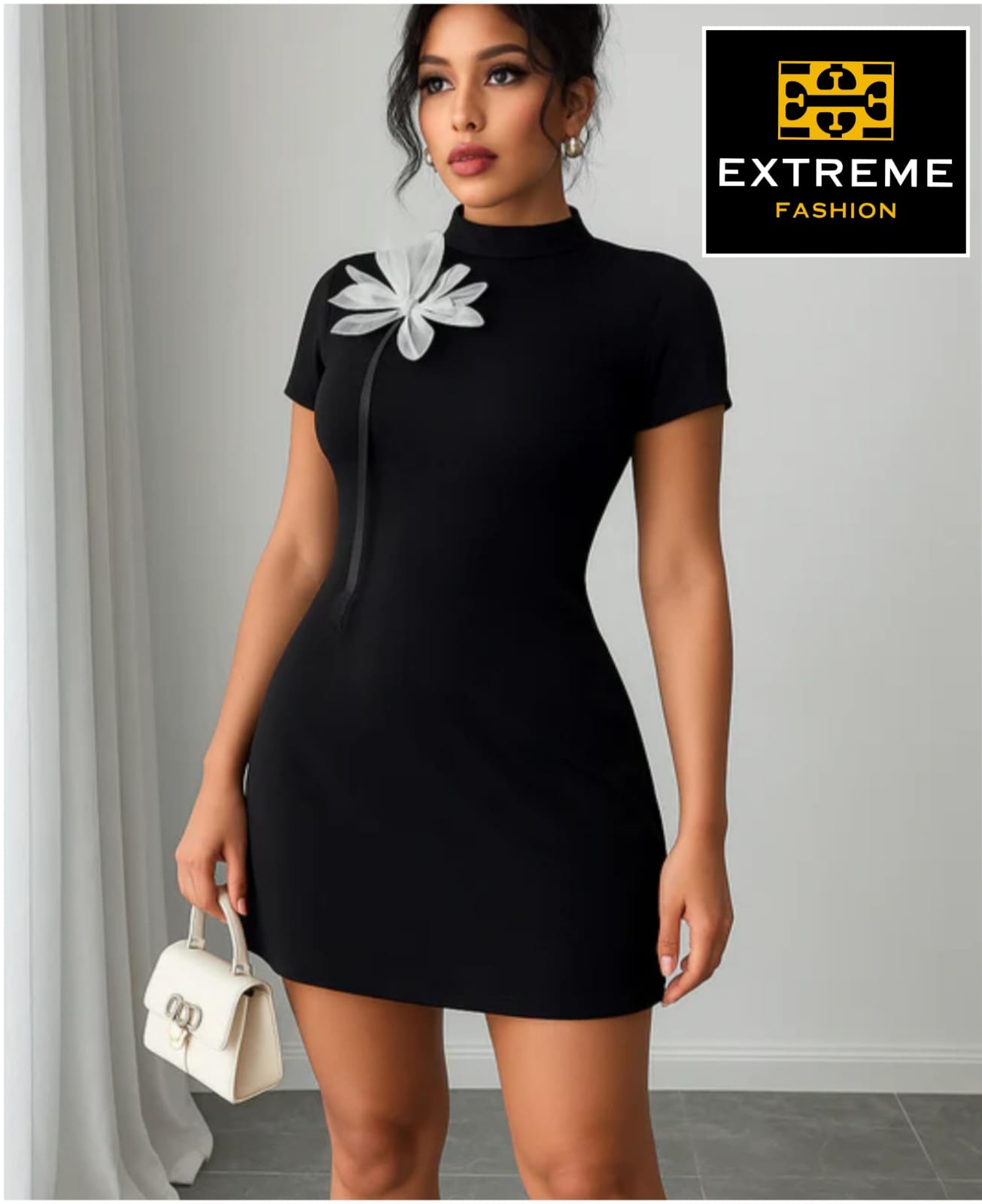 patched flower mini  black dress